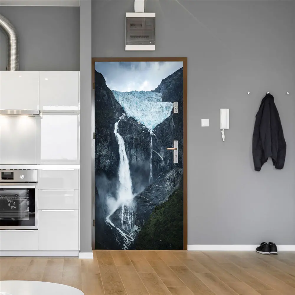 3D High Mountain Running Water Door Stickers Waterproof Wallpapers DIY Removable Mural For Living Room Bedroom Corridor Washroom | Дом и сад