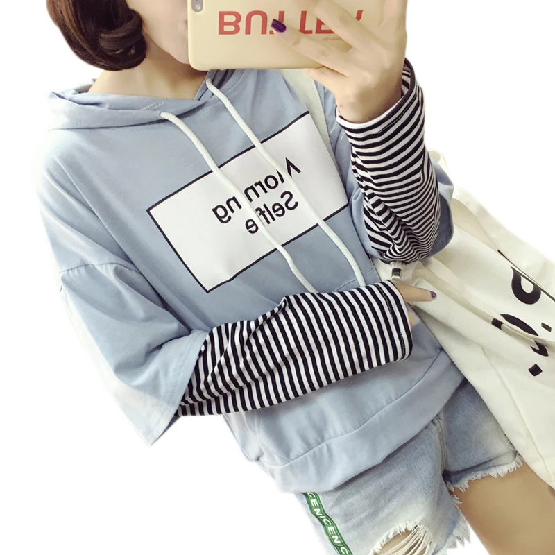Women Hoodies 2019 Autumn Harajuku Kawaii Sweatshirts Letter Cotton Long Sleeve Loose Stripe Fake Two Pieces Girls Clothing
Women Hoodies 2019 Autumn Harajuku Kawaii Sweatshirts Letter Cotton Long Sleeve Loose Stripe Fake Two Pieces Girls Clothing
