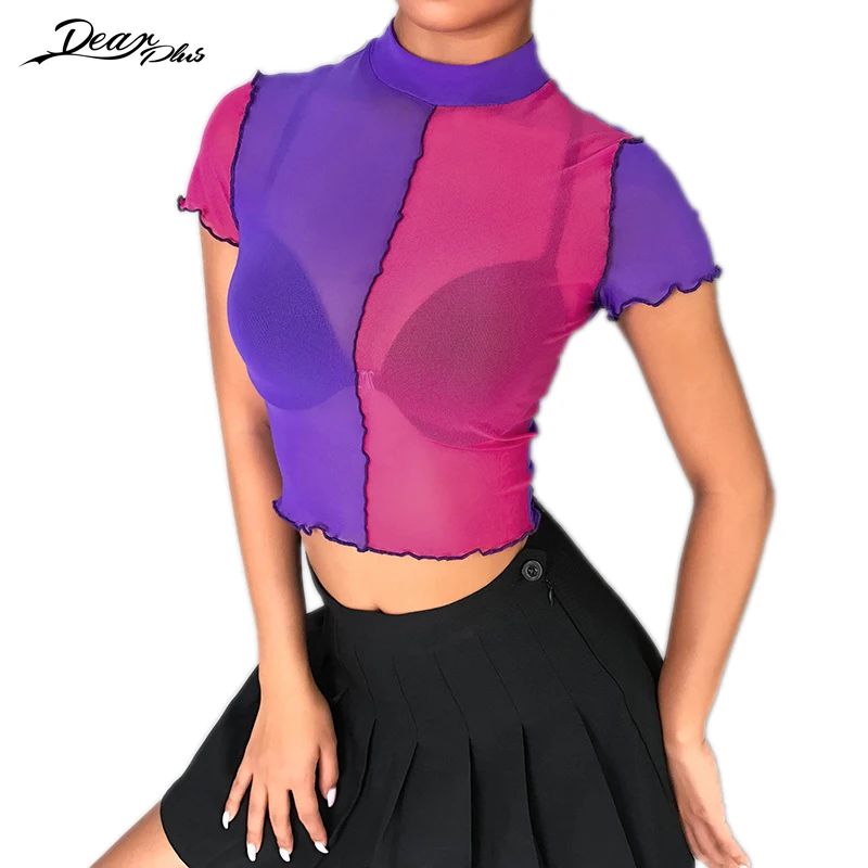 Color Block Patchwork Lettuce Trim Mesh Sheer Sexy Crop Top Women Short Sleeve Slim Fit T Shirts Summer Casual Shirts Tops
Color Block Patchwork Lettuce Trim Mesh Sheer Sexy Crop Top Women Short Sleeve Slim Fit T Shirts Summer Casual Shirts Tops