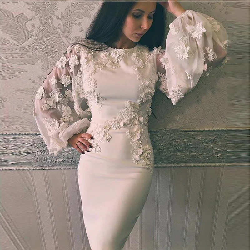 2018 Sheath Prom Gowns with Jewel Neck Long Illusion Puffy Sleeves Knee Length 3D Appliques Pearls Handmade Flowers Party Dress
2018 Sheath Prom Gowns with Jewel Neck Long Illusion Puffy Sleeves Knee Length 3D Appliques Pearls Handmade Flowers Party Dress