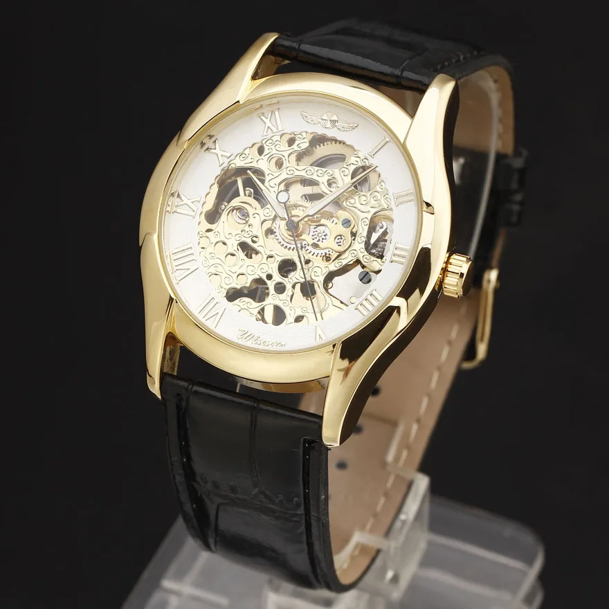 Новые роскошные Брендовые мужские черные часы с кожаным ремешком золотые резным