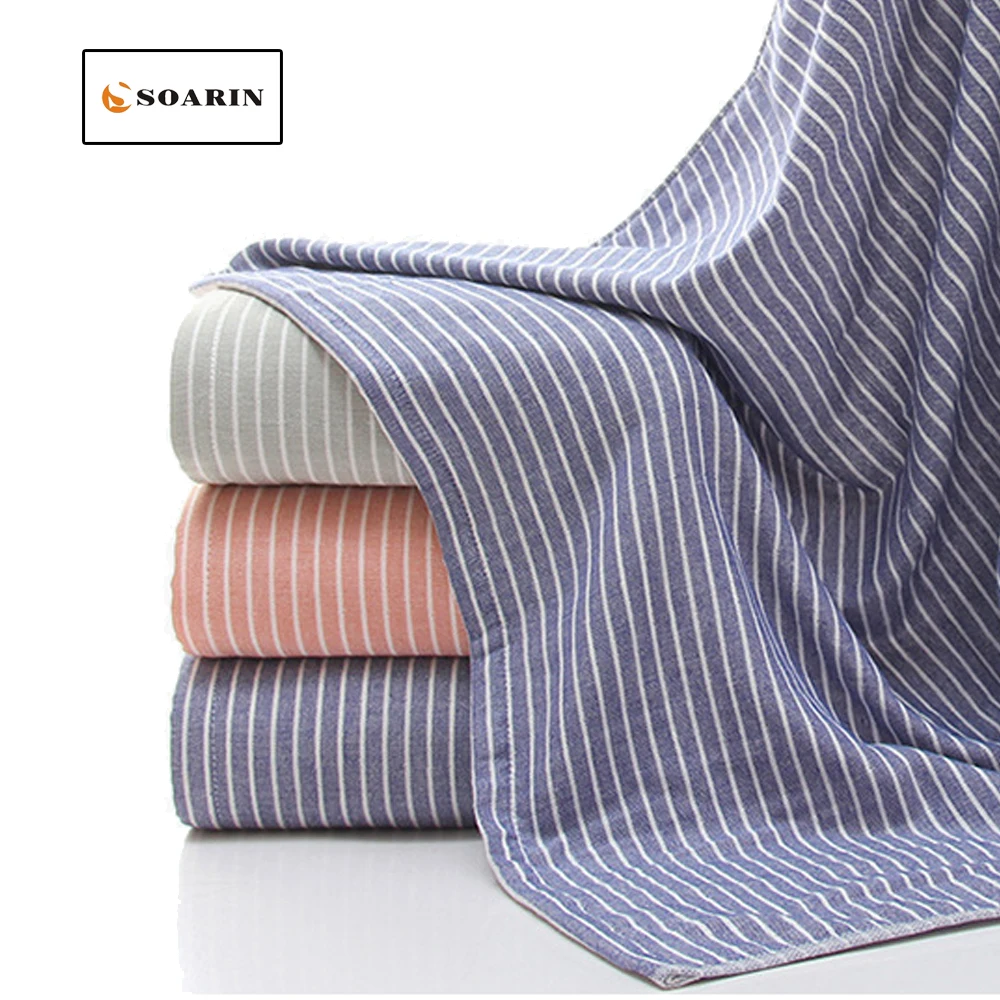 

SOARIN Gauze Cotton Towels Solid Stripe Bath Towel For Adults Toallas De Playa Para Adultos Badhanddoek Katoen Absorvente Towel