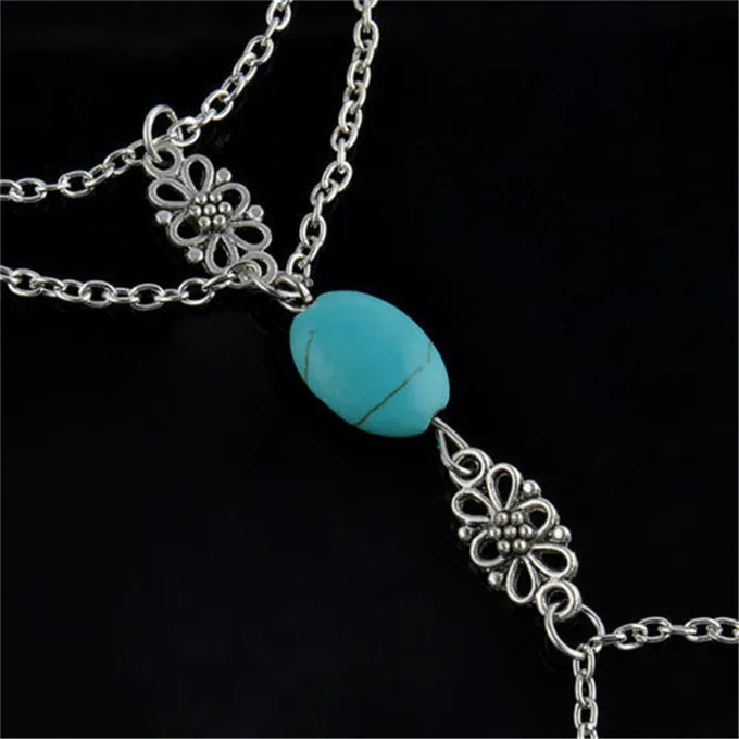 Fashion Chain Bracelet Drop Punk Silver Plated Women Metal Hand Harness Chain Beads Finger Ring Boho Jewelry