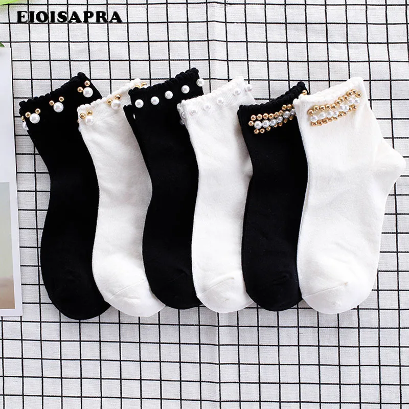 

[EIOISAPRA]Black/White Korean Reto Pearl Socks Women Elastic Cotton Handmade Meias Creative Socks Harajuku Calcetines Mujer