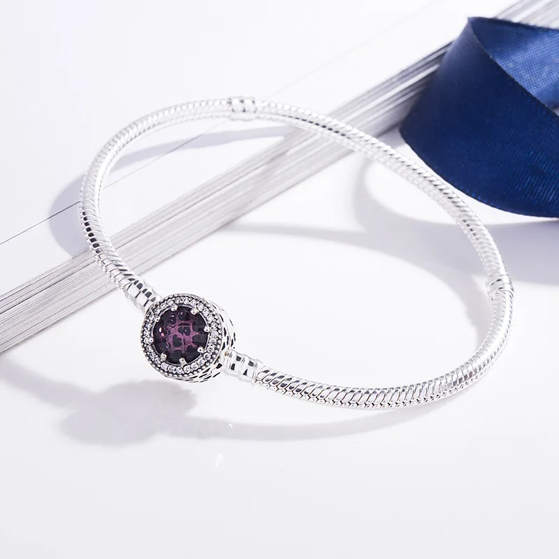 

Оригинальный 925 пробы Серебряный ажурный Сияющий сердца с Фиолетовый Кристалл ПАН браслет Fit для женщин бисера Шарм ювелирные изделия
