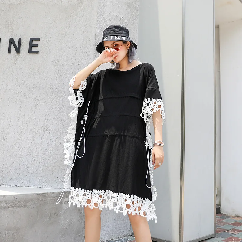 Women Summer Short Sleeve Loose Casual Lace Splice Drawstring Black Dress Female Streetwear Hip Hop Plus Size Elegant Chic Dress 
Women Summer Short Sleeve Loose Casual Lace Splice Drawstring Black Dress Female Streetwear Hip Hop Plus Size Elegant Chic Dress