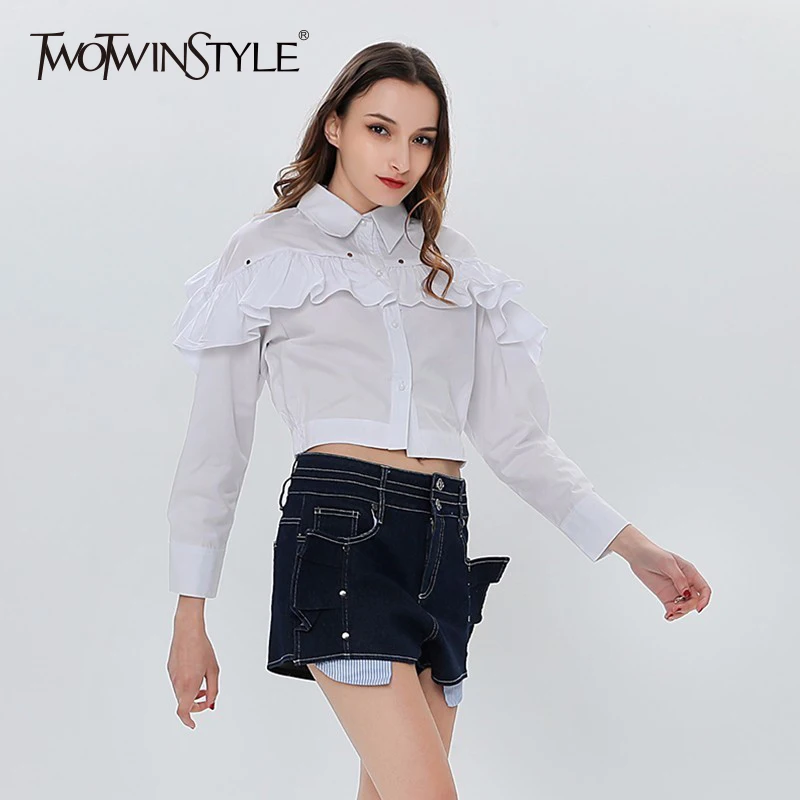 TWOTWINSTYLE Shirt Suits For Women High Waist Ruffles White Shirts With Denim Patchwork Pocket Trouser Female Fashion Clothing
TWOTWINSTYLE Shirt Suits For Women High Waist Ruffles White Shirts With Denim Patchwork Pocket Trouser Female Fashion Clothing