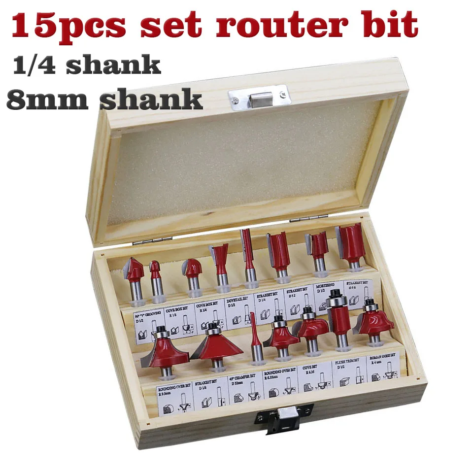 15pcs/set Woodworking Milling Cutters 1/4''/8mmShank Carbide Router Bit For Wood Cutter Engraving Cutting Tools
15pcs/set Woodworking Milling Cutters 1/4''/8mmShank Carbide Router Bit For Wood Cutter Engraving Cutting Tools
