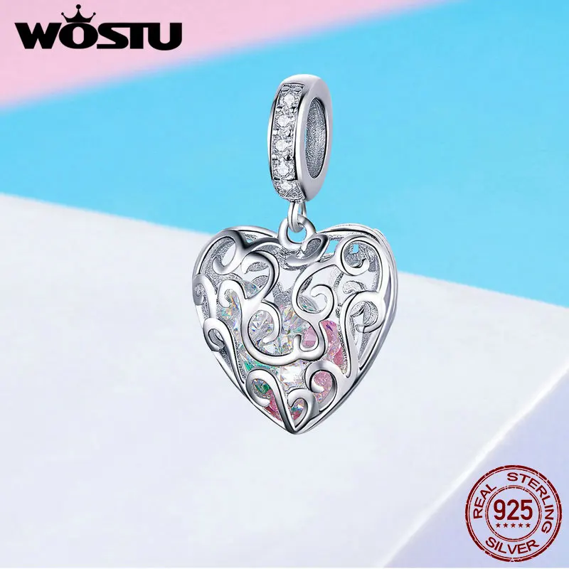 

WOSTU Lucky Charm 925 Sterling Silver Love Heart CZ Bead Fit Original Bracelet Bangle Pendant Women DIY Jewelry Making FIC1126