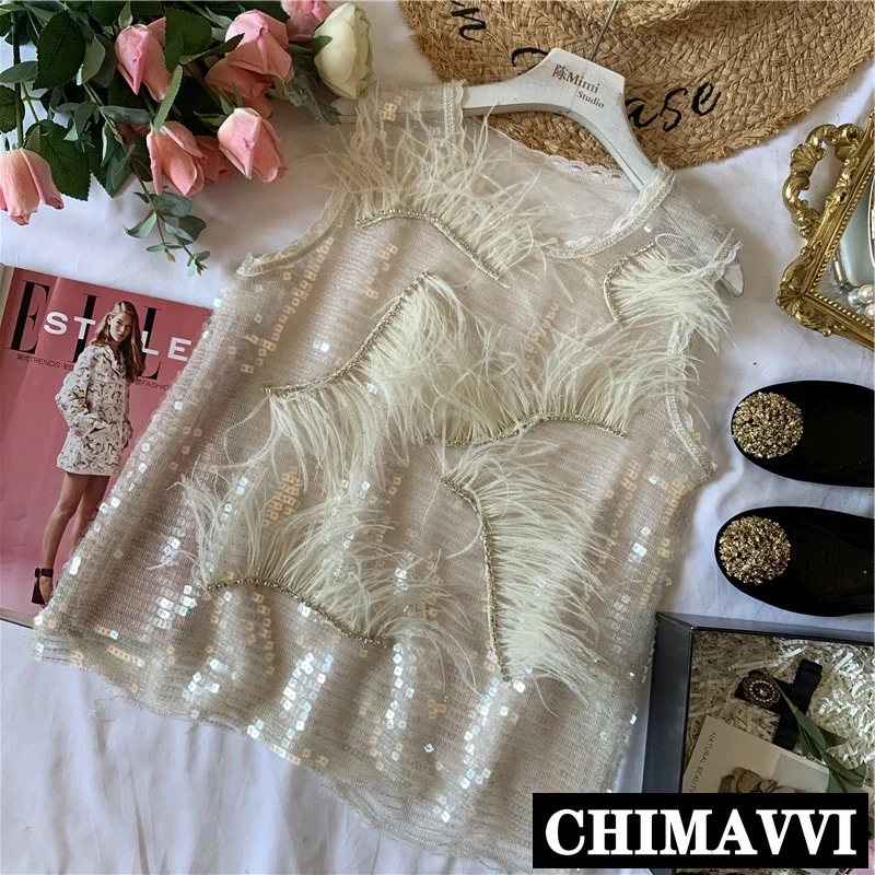 New Summer Women Personality Super Fairy Ostrich Feather Stitching Rhinestone Sequins Sleeveless Vest Shirt Elegant Blouse Tops
New Summer Women Personality Super Fairy Ostrich Feather Stitching Rhinestone Sequins Sleeveless Vest Shirt Elegant Blouse Tops