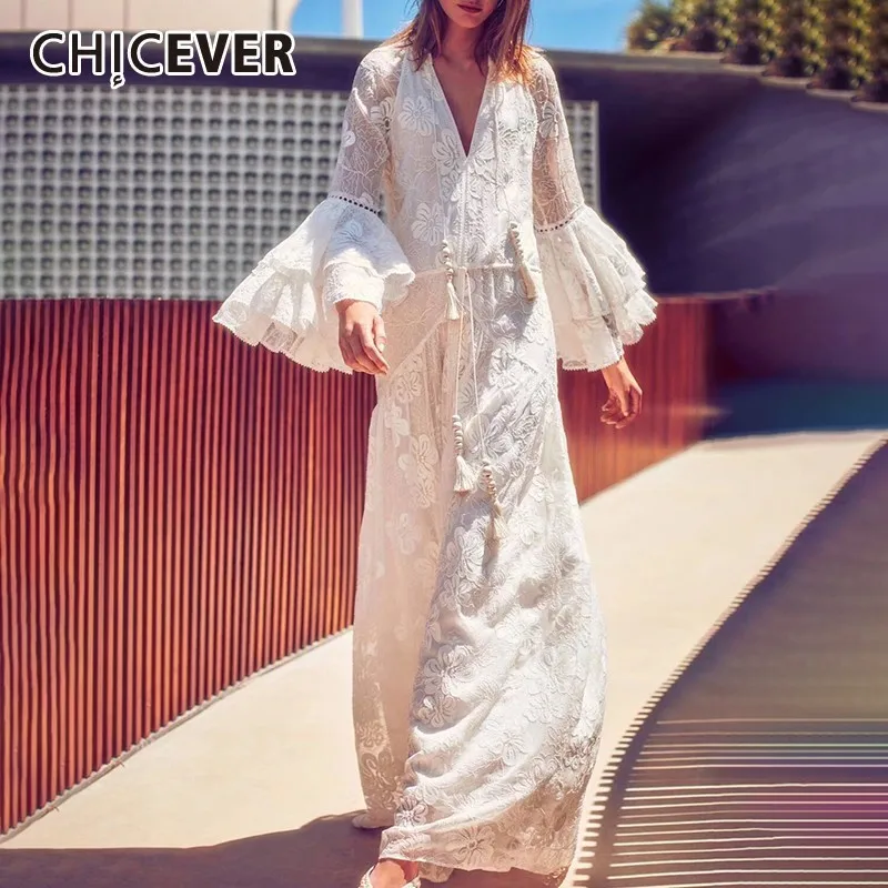 CHICEVER Summer Elegant Embroidery White Dress For Women V Neck Flare Sleeve Patchwork Tassel Loose A-line Ankle Length Dresses
CHICEVER Summer Elegant Embroidery White Dress For Women V Neck Flare Sleeve Patchwork Tassel Loose A-line Ankle Length Dresses