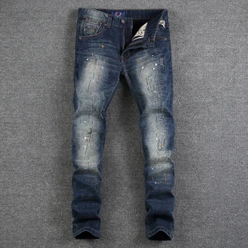 European American High Street Fashion Mens Jeans Dark Blue Color Dirty Paint Ripped Jeans For Men Slim Fit Brand Jeans Pants
European American High Street Fashion Mens Jeans Dark Blue Color Dirty Paint Ripped Jeans For Men Slim Fit Brand Jeans Pants