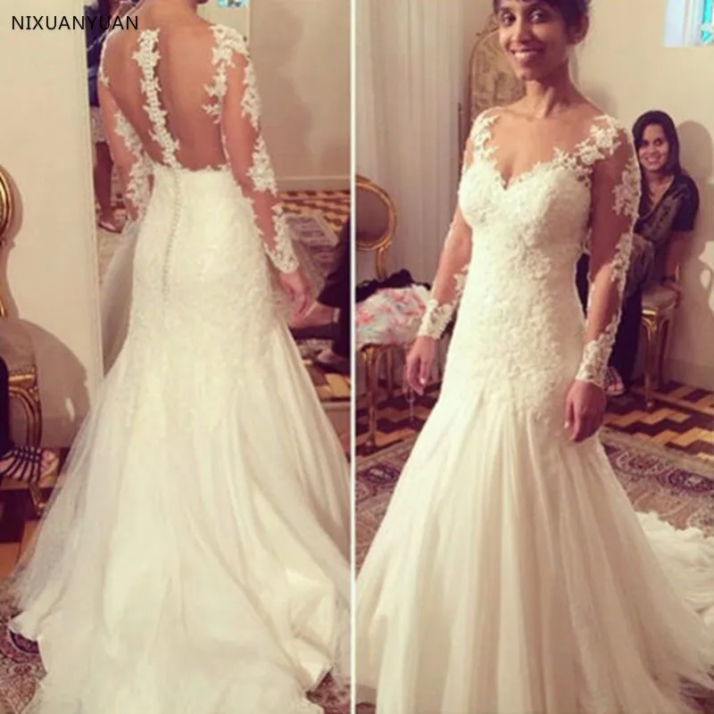 White Long Sleeve Wedding Dresses Lace Tulle/Netting Bridal Gowns Illusion Back Court Train To Wear A | Свадьбы и торжества