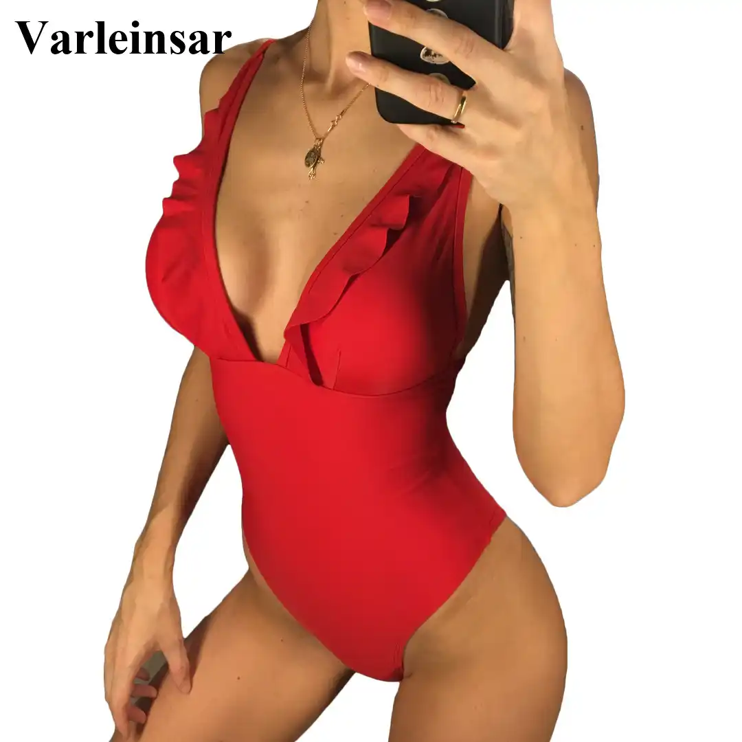 red one piece swimsuit with ruffles