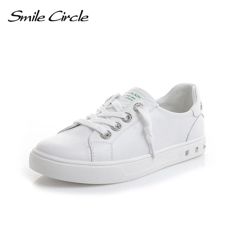 Smiley circle Genuine Leather flat shoes women sneakers fashion Skateboarding Shoes 2018 autumn lace-up embroidered casual shoes