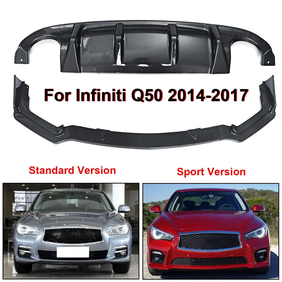 Carbon Fiber Pattern Front Bumper Spoiler Lip Splitter Body Kit Set Fit for 2014-2017 Infiniti Q50