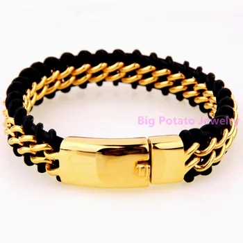 Unique 80g Black Leather Gold Chain 316L Stainless Steel Bracelet Bangle Handsome Cycle Men's Boys Wristband Jewelry 24cm*16mm
Unique 80g Black Leather Gold Chain 316L Stainless Steel Bracelet Bangle Handsome Cycle Men's Boys Wristband Jewelry 24cm*16mm