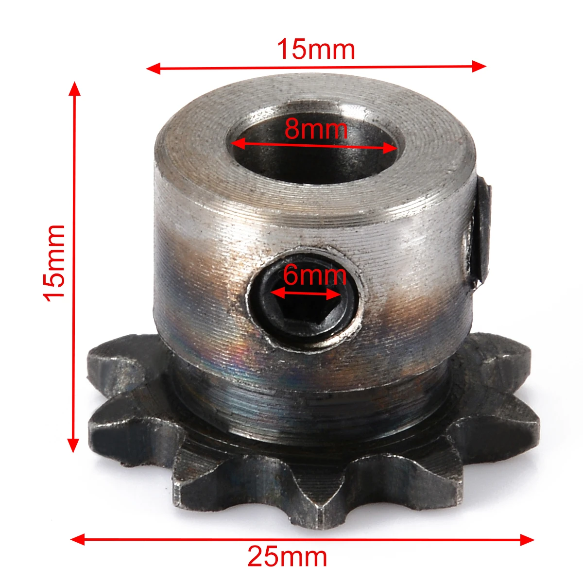 1pc 10 Teeth 10T Metal Pilot Motor Gear Roller Chain Drive Sprocket 8mm Bore Diameter 15x25mm