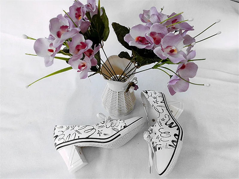 New Women Pumps Shoes Brand Designer Classic Casual Women Print 6CM8CM High-Heeled Shoes Lace-Up High Top Lady Shoes High Heels (11)