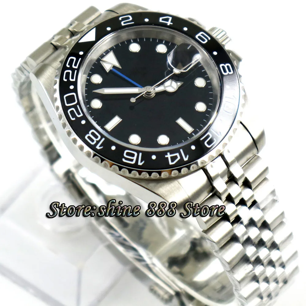 40mm PARNIS black sterile dial black ceramic bezel Jubilee steel strap Sapphire Blue GMT automatic mens watch
40mm PARNIS black sterile dial black ceramic bezel Jubilee steel strap Sapphire Blue GMT automatic mens watch