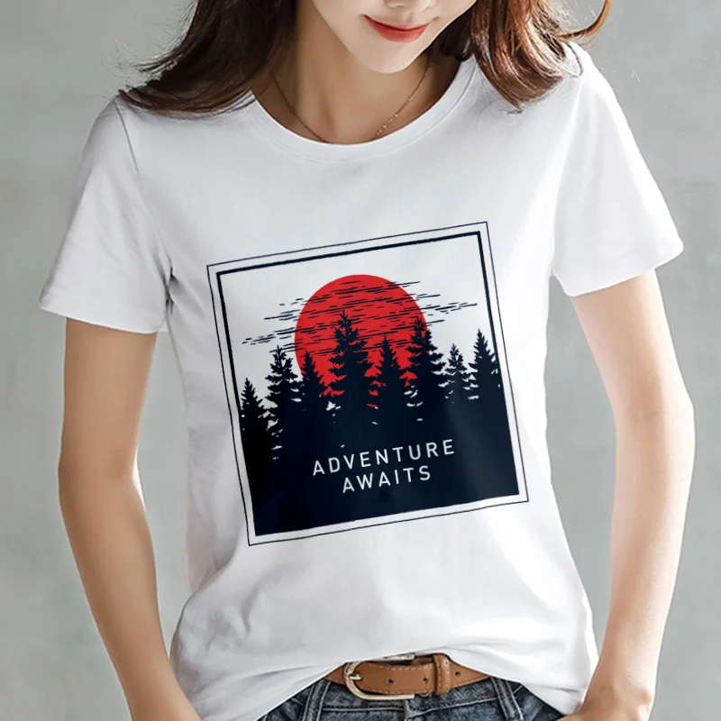 2019 new summer T shirt women sun forest retro printed Tshirt Harajuku thin section white women's short-sleeve T-shirt top | Женская