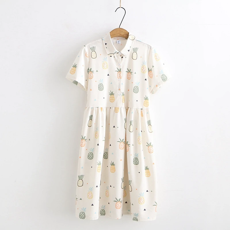 Cartoon multi-pineapple print student turn-down collar short sleeve dress women Summer
Cartoon multi-pineapple print student turn-down collar short sleeve dress women Summer