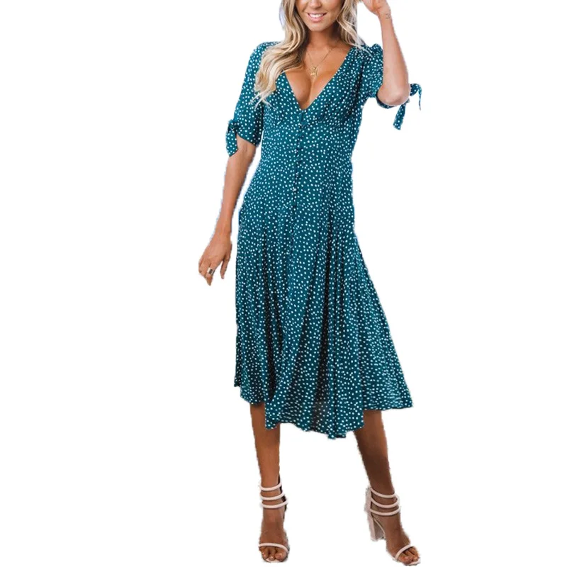 Summer women dress casual dot print bow decoration V-neck short-sleeved dress Vestidos
Summer women dress casual dot print bow decoration V-neck short-sleeved dress Vestidos