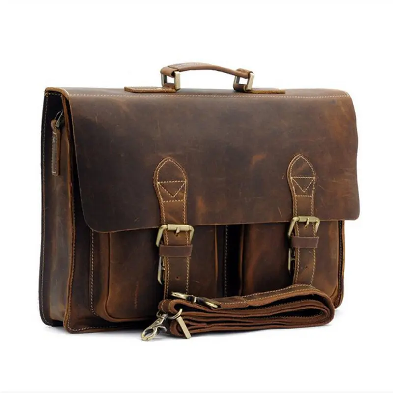 

NEWEEKEND 1061 Retro Casual Leather Crazy Horse Multi-Pocket 15.6 Inch Cowhide Handbag Crossbody Laptop Briefcase Bag for Man