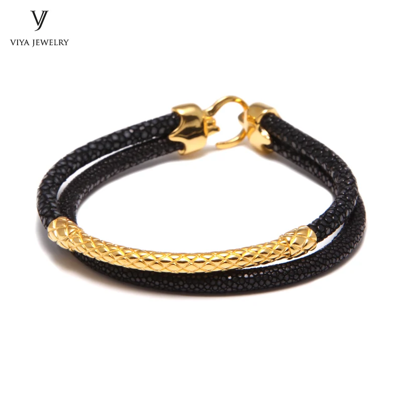 Handcrafted Luxury Custom Stingray Silver Bracelets Two hand-wrapped Stingray leather cords Men Bracelet With Pure Silver Clasp-VSST-03 (4)