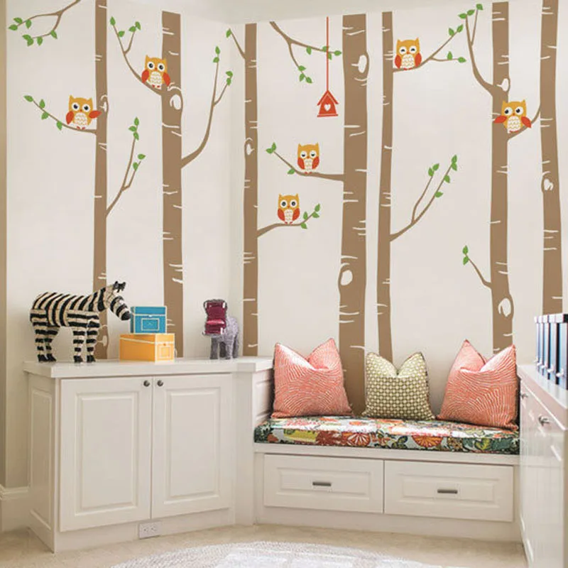 Big Birch Tree Wall Decals Cute Owls Nature Wall Sticker Nursery Woodland Forest Art Stickers For Kids Room Home Decor Bedroom Decals For Adults