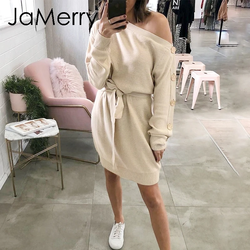 JaMerry Casual knitted pullover dress Autumn winter one shoulder buttons women loose short mini dress Elegant knitting dresses
JaMerry Casual knitted pullover dress Autumn winter one shoulder buttons women loose short mini dress Elegant knitting dresses