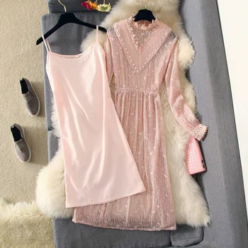 2019 New Spring Sexy Dress Suit Womens Lace Beads Long Sleeve Gauze Party Dresses Ladies Elegant Dress with Sling Two Piece Set
2019 New Spring Sexy Dress Suit Womens Lace Beads Long Sleeve Gauze Party Dresses Ladies Elegant Dress with Sling Two Piece Set