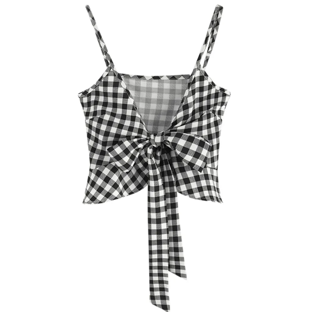 

2019 New fashion summer Plaid vest Women's Casual Sleeveless Knot Front Gingham Cami Top Camisole Shirt Vest tops mujer