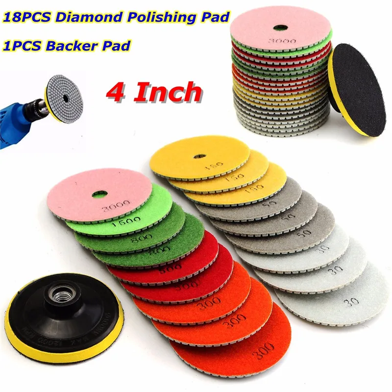 4 inch Diamond Polishing pads 19 Piece Set Granite Marble Concrete Stone Wet/Dry 2018 New Arrival 
4 inch Diamond Polishing pads 19 Piece Set Granite Marble Concrete Stone Wet/Dry 2018 New Arrival