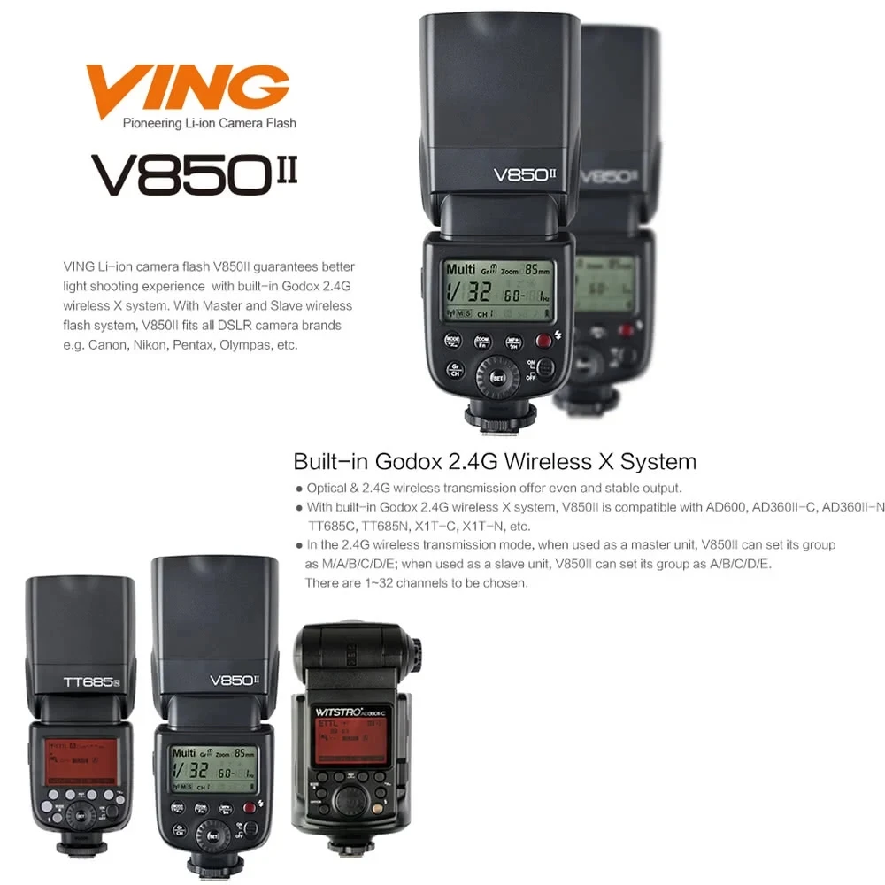 

Godox V850II GN60 1/8000s HSS Flash Speedlight Wireless X System with Li-ion Battery for Canon Nikon Pentax Olympus DSLR Cameras