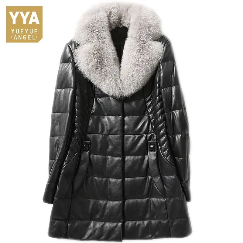 2019 New Womens Genuine Leather Down Jacket Fox Fur Collar Sheepskin Long Coat Female Design Slim Black Overcoat Plus Size 5XL
2019 New Womens Genuine Leather Down Jacket Fox Fur Collar Sheepskin Long Coat Female Design Slim Black Overcoat Plus Size 5XL