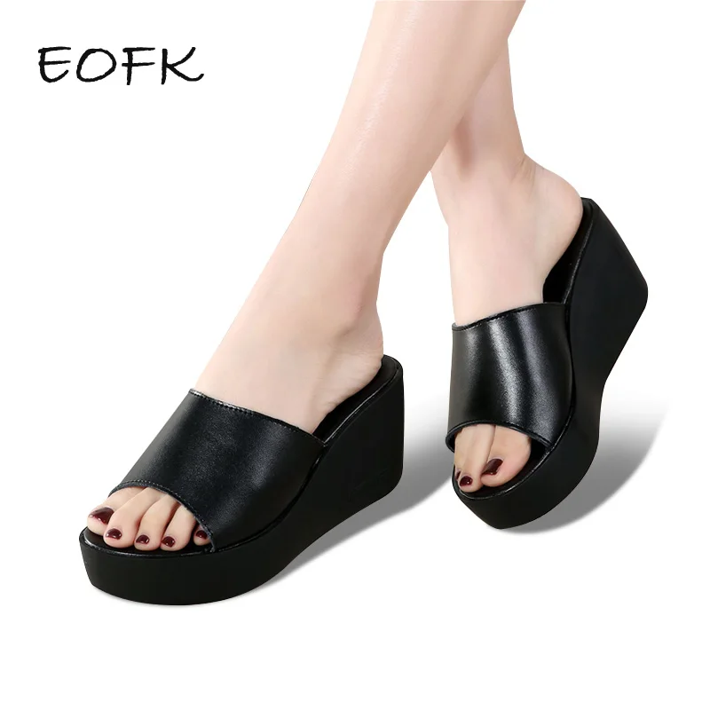 

EOFK Women Wedge Heels Shoes Woman Platform Slippers Leather Women's Slider Shoes Outdoor Slippers Concise Black Ladies Shoes