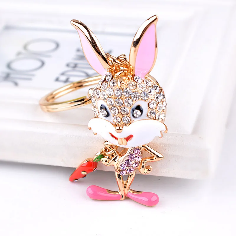 Cute Rhinestone Rabbit Keychains Cartoon Bunny Keyrings Car Key Chain Charm Metal Animal Ring Bag Pendant Drop Shipping | Украшения и