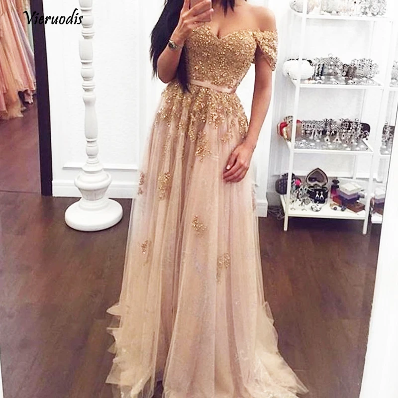 Sparkle Gold Beaded Lace Long Evening Dresses Fashion Appliques A-line Evening Gowns V-neck Off Shoulder Lady Formal Dress 1
Sparkle Gold Beaded Lace Long Evening Dresses Fashion Appliques A-line Evening Gowns V-neck Off Shoulder Lady Formal Dress 1