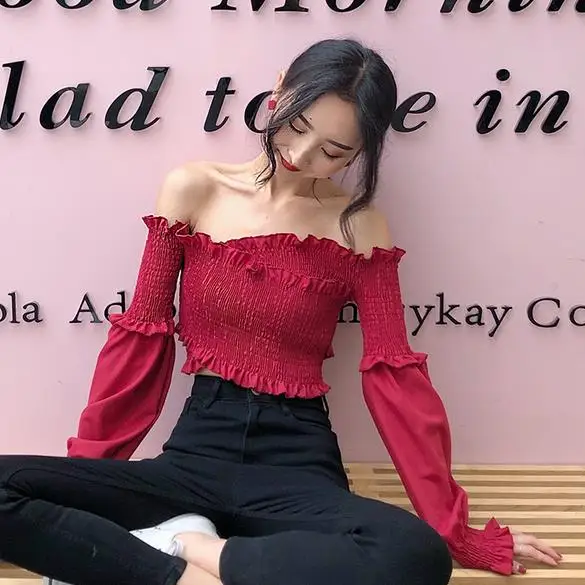 Flare Sleeve Pleated Blouse shirt Frill Shirt Slash Neck Off Shoulder Women Bow Tops Female Tops camiseta mujer Clothes AE595
Flare Sleeve Pleated Blouse shirt Frill Shirt Slash Neck Off Shoulder Women Bow Tops Female Tops camiseta mujer Clothes AE595