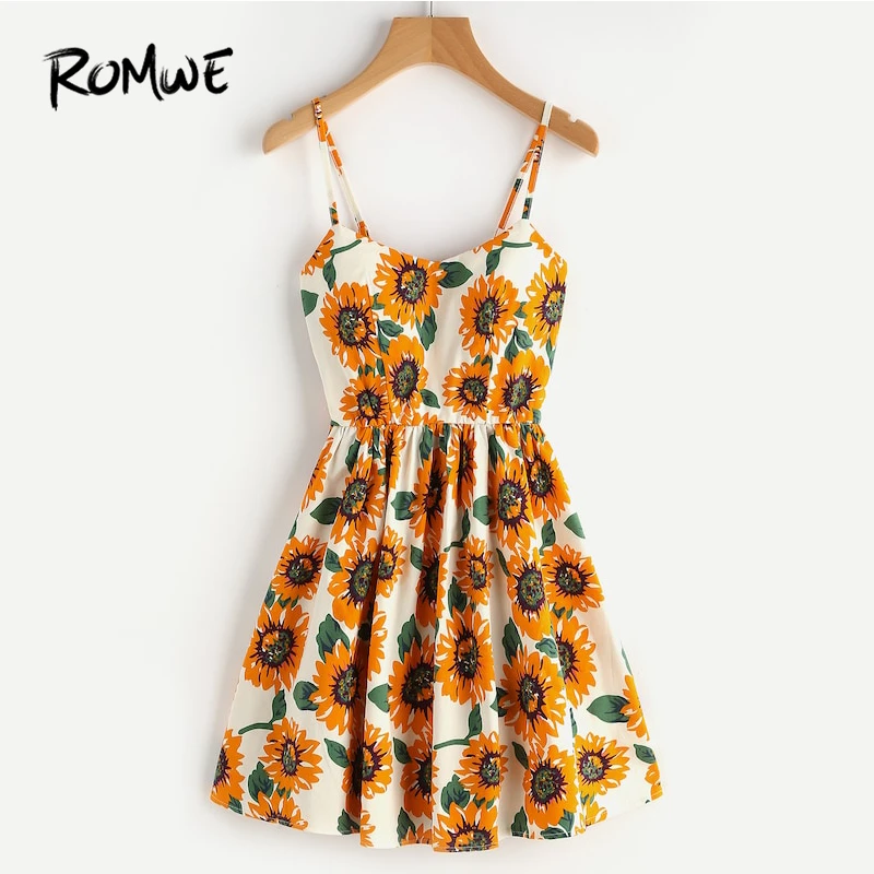 

ROMWE Random Sunflower Print Spaghetti Strap Dress,Floral Sleeveless A Line Slip Cami Dresses for Women,Crisscross Lace Up Back