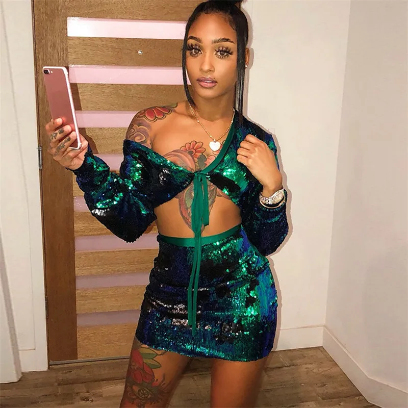 Shiny Green Sequins Bandage Long Sleeve Crop Top Elastic Bodycon Mini Dress Sexy 2 Two Piece Set Women Night Club Party Outfits
Shiny Green Sequins Bandage Long Sleeve Crop Top Elastic Bodycon Mini Dress Sexy 2 Two Piece Set Women Night Club Party Outfits