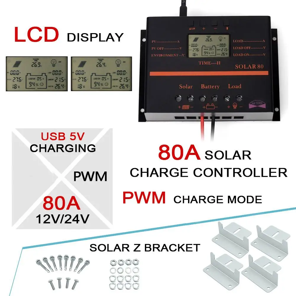 80A 12V 24V LCD Display Solar Panel Regulator Charge Controller With USB 5V +4X Z bracket Mount Flat Roof Wall Aluminum Set EH
80A 12V 24V LCD Display Solar Panel Regulator Charge Controller With USB 5V +4X Z bracket Mount Flat Roof Wall Aluminum Set EH