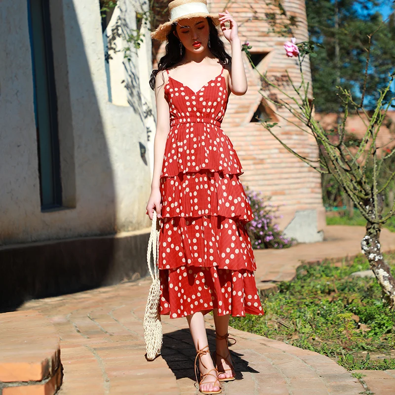 Women Summer Red Polka Dot Straps Backless Long Beach Dress Tropical Vacation Sea Sundress Female Elegant Runway Korean Dress
Women Summer Red Polka Dot Straps Backless Long Beach Dress Tropical Vacation Sea Sundress Female Elegant Runway Korean Dress