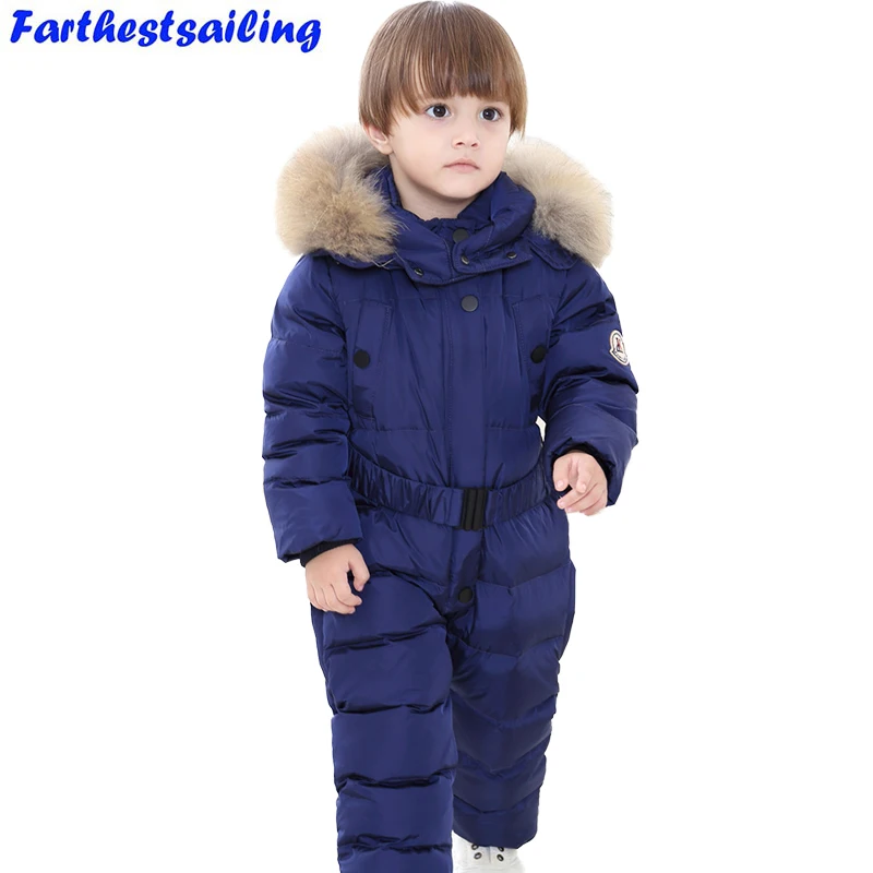 

2018 Girls Winter Overalls Rompers Boy Duck Down Jumpsuit Real Fur Collar Children Outerwear Kids Snowsuit Baby Clothes Snowwear