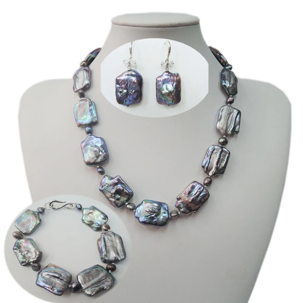 Square baroque Black freshwater PEARL JEWELRY SET NECKLACE,Bracelet and EARRING-925 silver earring hook,big pearl size 17x21mm
Square baroque Black freshwater PEARL JEWELRY SET NECKLACE,Bracelet and EARRING-925 silver earring hook,big pearl size 17x21mm