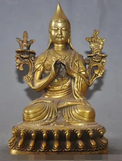 

S00903 Tibetan Buddhism Bronze gilt Seat Lotus Je Tsongkhapa Tsong-kha-pa Buddha Statue (B0328)