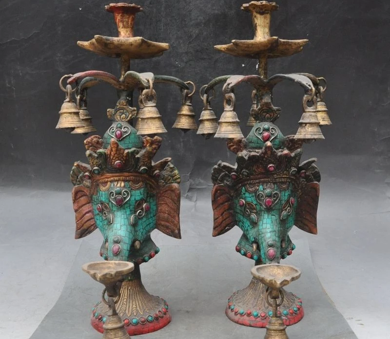 14"Old Tibet bronze Inlay Turquoise gem Elephant Head Candlestick Candle holders
14"Old Tibet bronze Inlay Turquoise gem Elephant Head Candlestick Candle holders