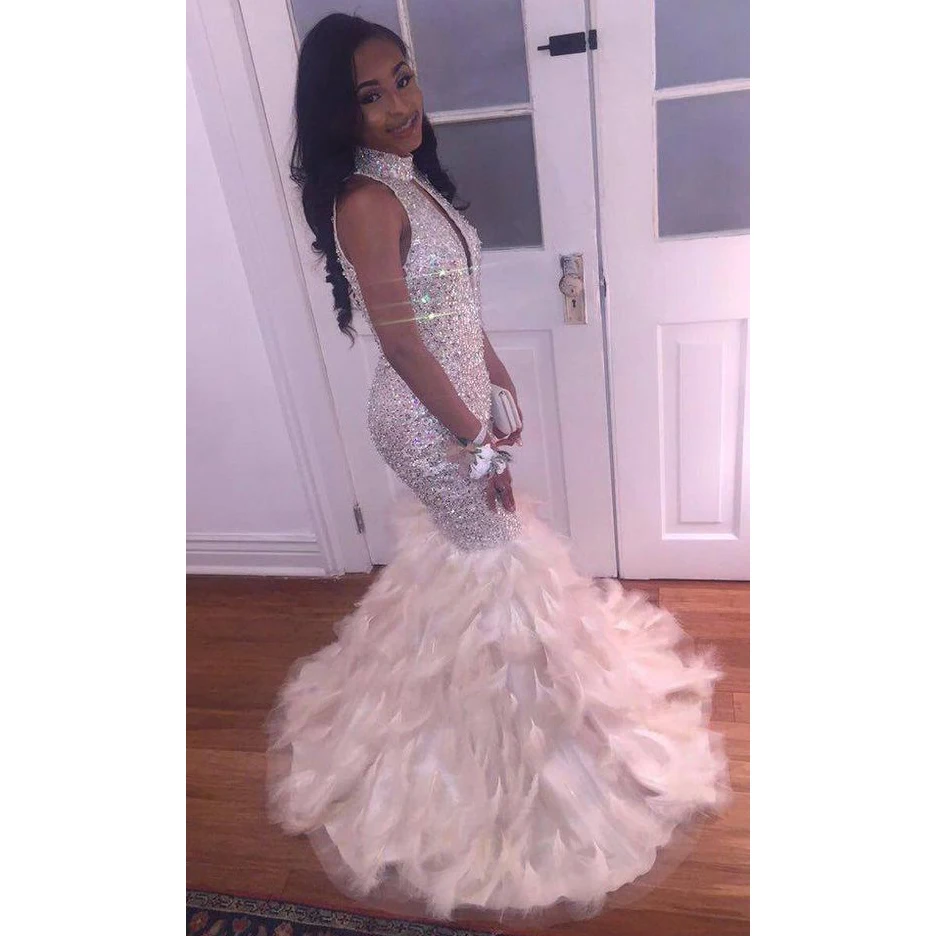 Feathers Prom Dresses 2019 Mermaid High Neck Sparkly Crystals Beads Special Occasion Dresses Black Girls Evening Dress DP0480
Feathers Prom Dresses 2019 Mermaid High Neck Sparkly Crystals Beads Special Occasion Dresses Black Girls Evening Dress DP0480