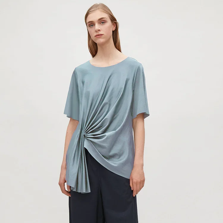2019 Spring Suit New Women's Opal Light Cotton Irregular Hem Haze Blue Pleated T-shirt Knitted Top Woman Clothes Shirt O-Neck
2019 Spring Suit New Women's Opal Light Cotton Irregular Hem Haze Blue Pleated T-shirt Knitted Top Woman Clothes Shirt O-Neck